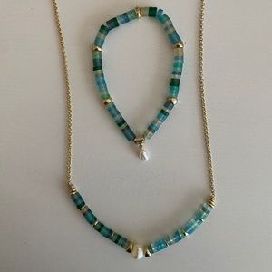 Lila Mother-of-pearl Beaded Strand Necklace and Bracelet Gold Matte Sea Green